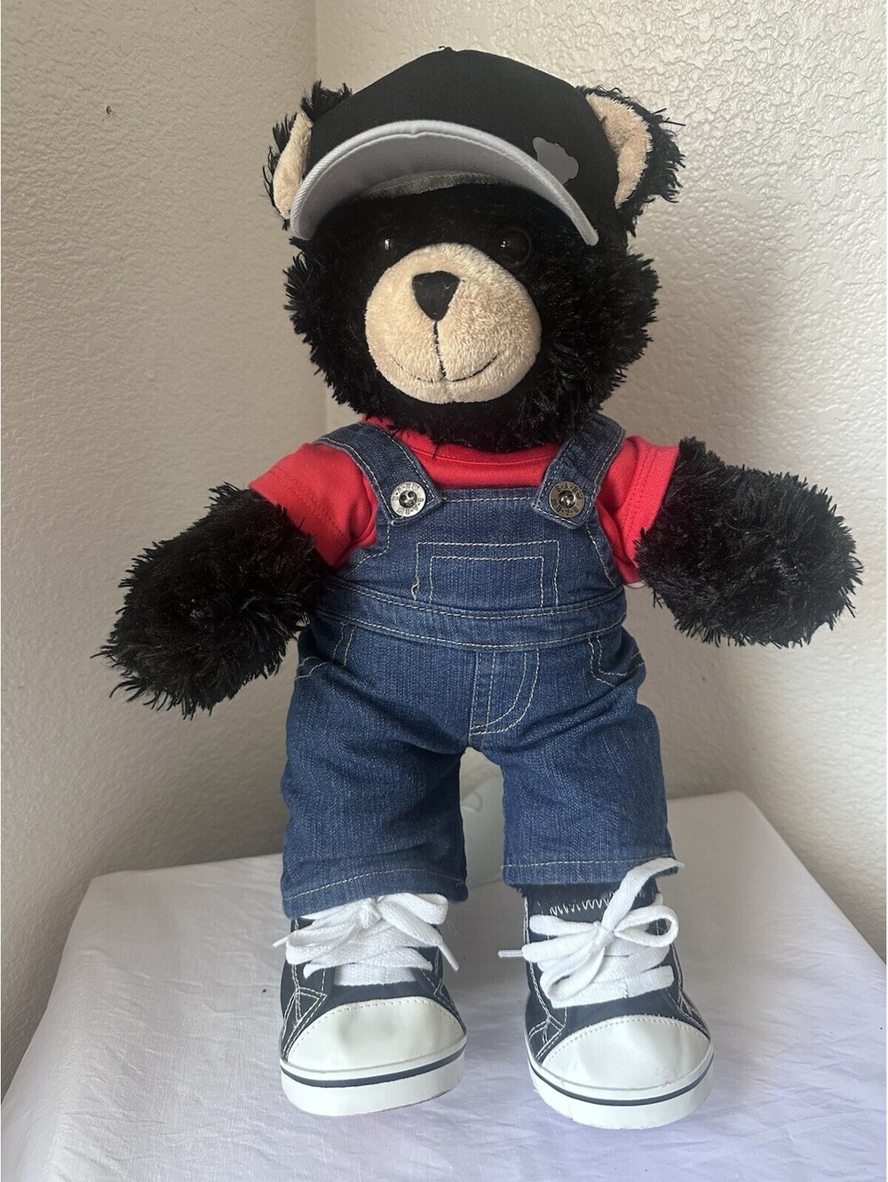 Build a Bear Shaggy Classic Black Teddy Plush Stuffed Animal 15" W/ Overalls